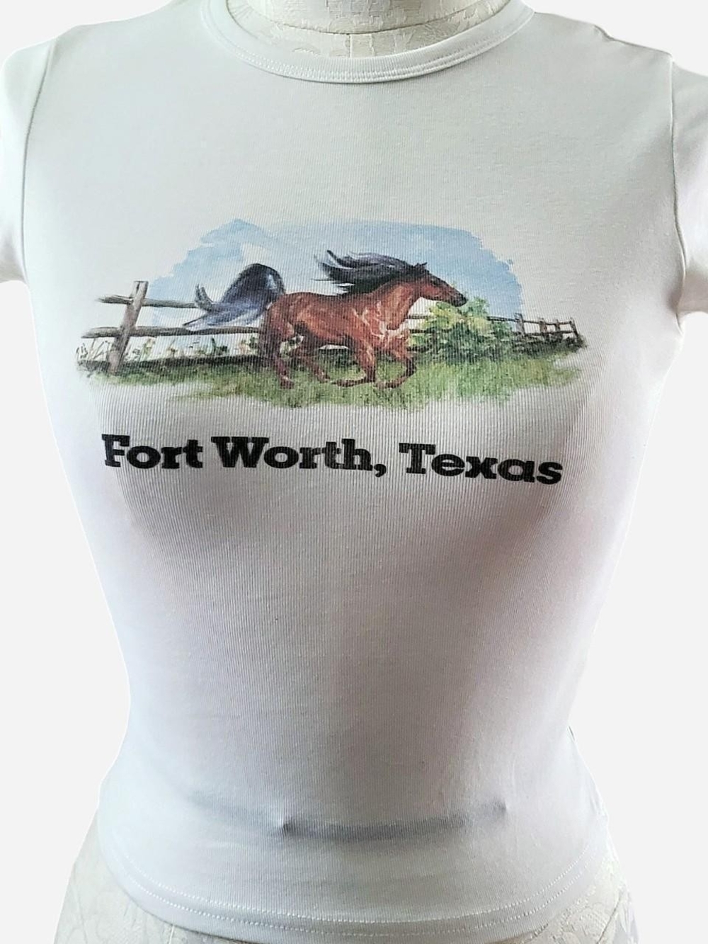 Edikted White Graphic Tee with Horse and Fort Worth, Texas Print